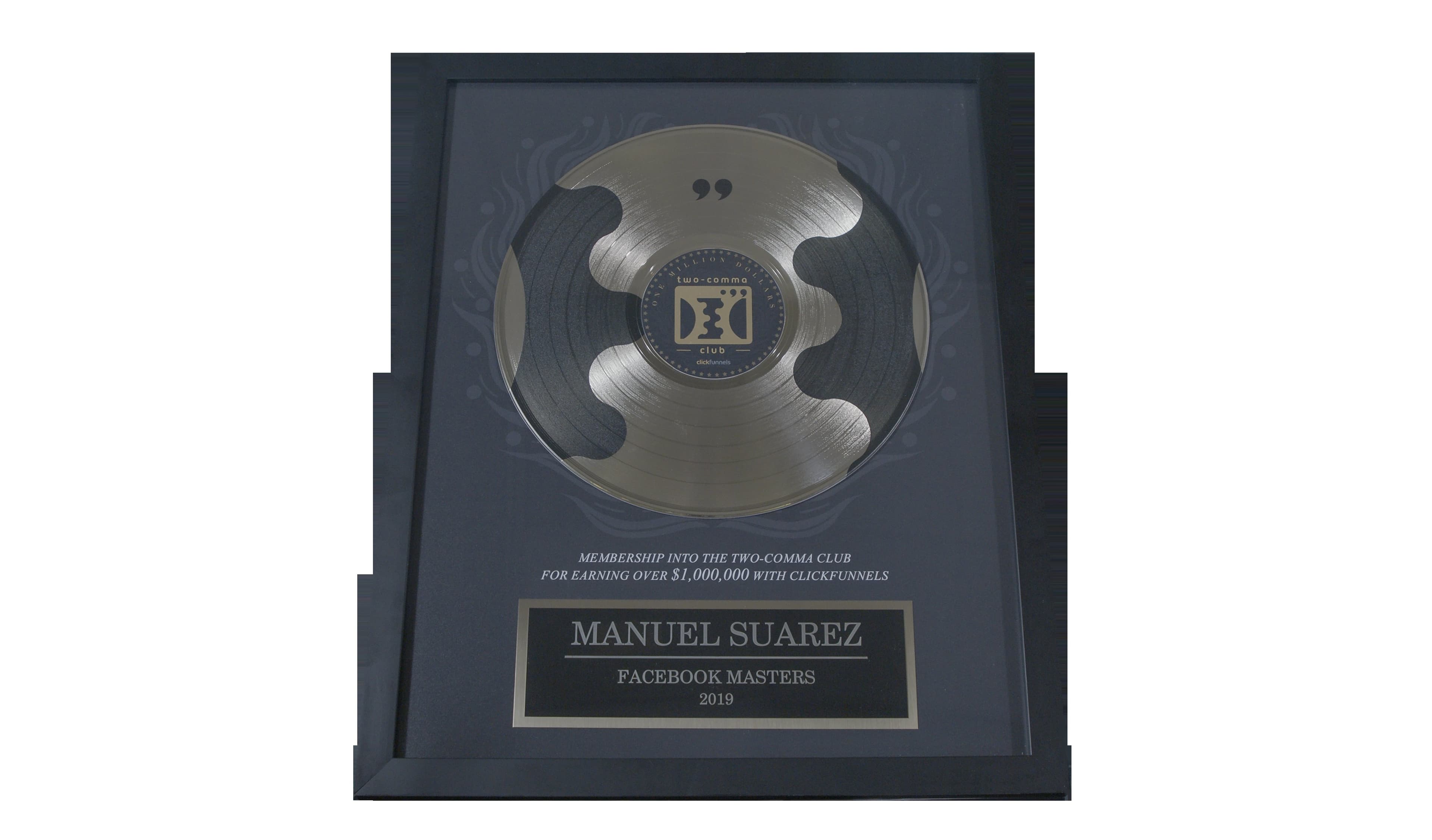ClickFunnels Two Comma Club award, photographed